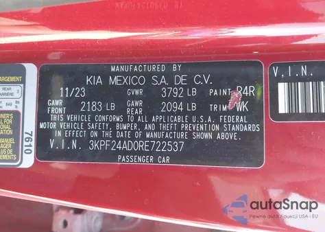 2024 Kia Forte Lxs z USA, uszkodzony, nr VIN 3KPF24AD0RE722537